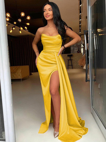 イエローイブニングドレス シース バトーネック 伸縮性のある織りサテン トレーン付き フロントスプリット フォーマル パーティードレス