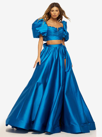 ロイヤルブループロムドレス タフタ スウィートハートネック ボールガウン 半袖 フロントスリット パーティードレス