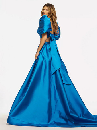 プロムドレス タフタ スウィートハートネック ボールガウン 半袖 フロントスリット パーティードレス