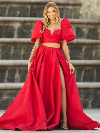 プロムドレス タフタ スウィートハートネック ボールガウン 半袖 フロントスリット パーティードレス