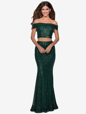 ダークグリーンプロムドレス スパンコール バトーネック マーメイド ノースリーブ ページェントドレス