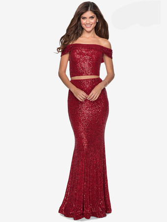 バーガンディープロムドレス スパンコール バトーネック マーメイド ノースリーブ ページェントドレス