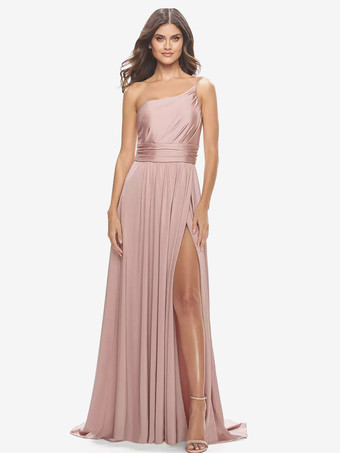 イブニングドレス Aライン ワンショルダー サテン生地 トレーン付き フォーマルディナードレス