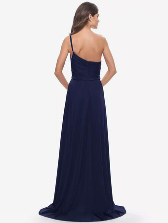 イブニングドレス Aライン ワンショルダー サテン生地 トレーン付き フォーマルディナードレス