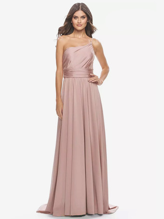 サーモンピンクイブニングドレス Aライン ワンショルダー サテン生地 トレーン付き フォーマルディナードレス