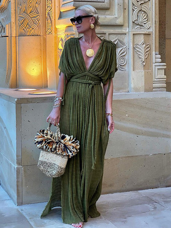 ハンターグリーン カバーアップ 編み込み プランジ スリット 半袖 トロピカル ロングドレス