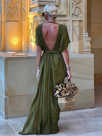 カバーアップ 編み込み プランジ スリット 半袖 トロピカル ロングドレス