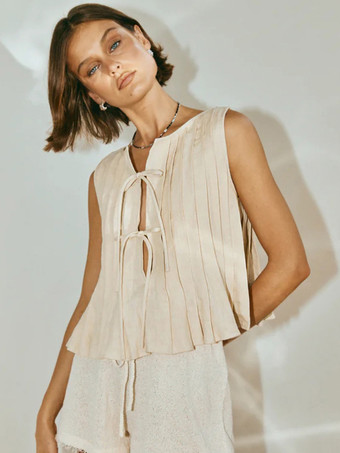 シックなキャミソールトップ レースアップ プリーツ ラウンドネック 夏 カジュアル レディース トップ