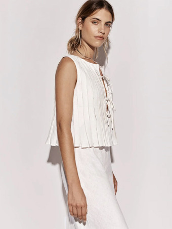 シックなキャミソールトップ レースアップ プリーツ ラウンドネック 夏 カジュアル レディース トップ