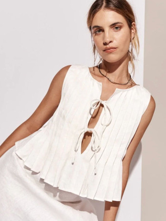 シックなキャミソールトップ レースアップ プリーツ ラウンドネック 夏 カジュアル レディース トップ