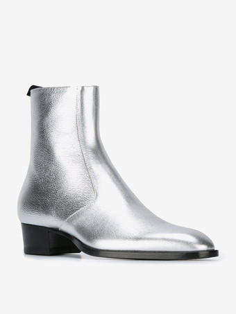 メンズブーツ チェルシーブーツ シルバー 牛革 ラウンドトゥ アンクルドレスブーツ