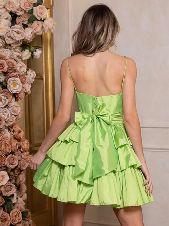 可愛らしいホームカミングドレス ショート丈 ジュエルネック リボン タフタ