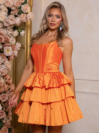 オレンジ可愛らしいホームカミングドレス ショート丈 ジュエルネック リボン タフタ