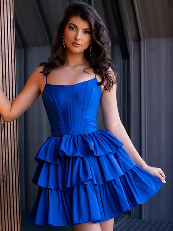 ロイヤルブルー可愛らしいホームカミングドレス ショート丈 ジュエルネック リボン タフタ