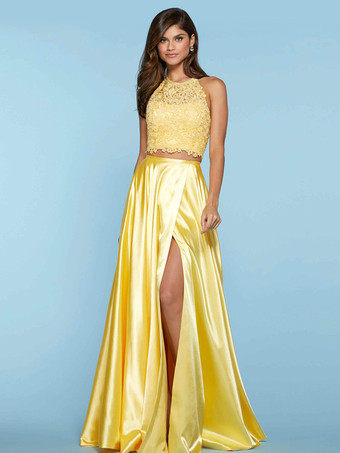 イエロープロムドレス ホルター ツーピース ノースリーブ レース パーティードレス