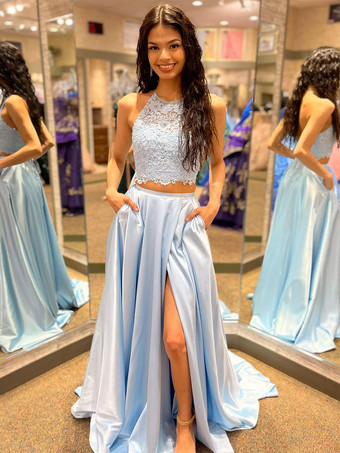 ベビーブループロムドレス ホルター ツーピース ノースリーブ レース パーティードレス