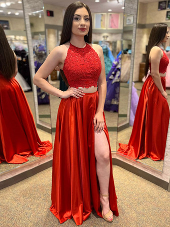 レッド プロムドレス ホルター ツーピース ノースリーブ レース パーティードレス