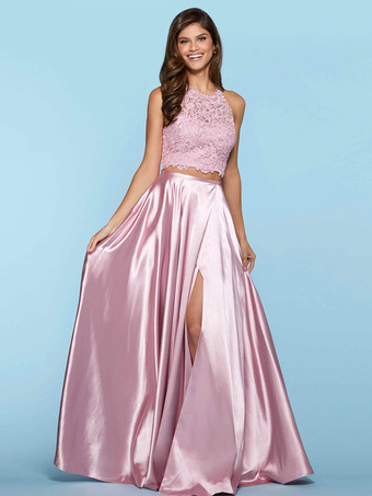 カメオピンクプロムドレス ホルター ツーピース ノースリーブ レース パーティードレス