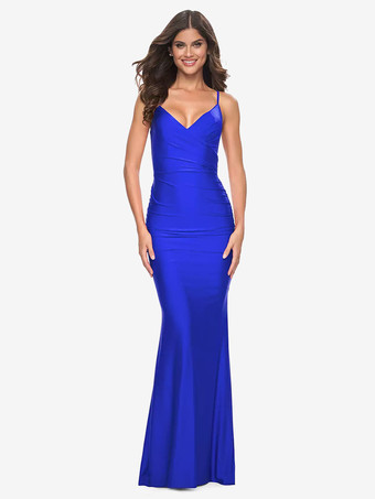 ロイヤルブルーイブニングドレス マーメイド Vネック サテン生地 トレーン付き フォーマル パーティードレス