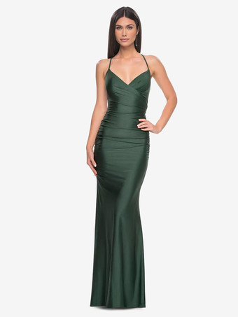 セージグリーンイブニングドレス マーメイド Vネック サテン生地 トレーン付き フォーマル パーティードレス