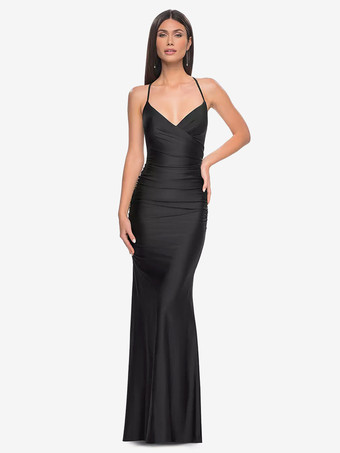 ブラックイブニングドレス マーメイド Vネック サテン生地 トレーン付き フォーマル パーティードレス