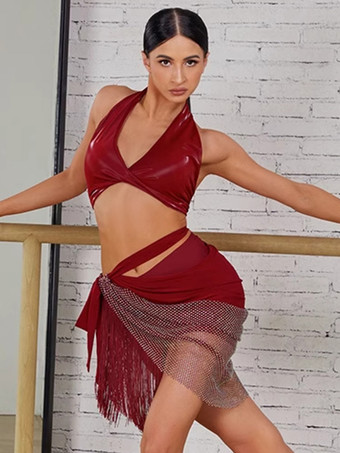 ラテンダンスコスチューム レッド レディーストップ セクシー ポリエステルトップ ダンスコスチューム