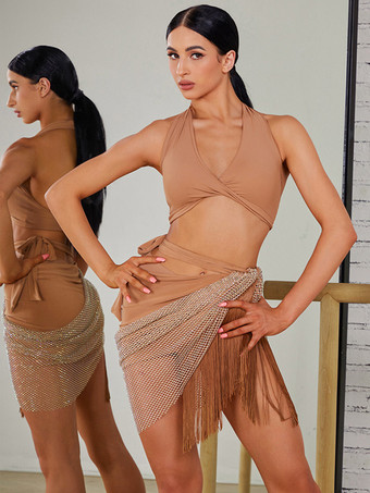 ライト アプリコットラテンダンスコスチューム レッド レディーストップ セクシー ポリエステルトップ ダンスコスチューム