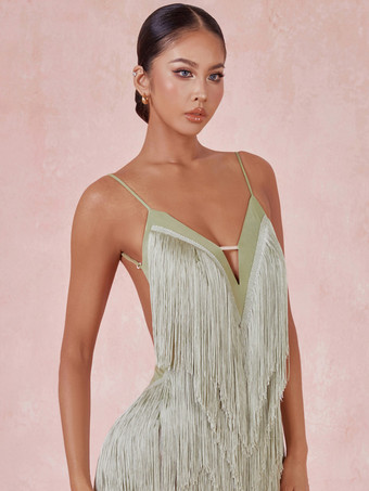 ラテンダンスコスチューム アボカドグリーン レディース フリンジドレス セクシー ポリエステルドレス ダンスウェア