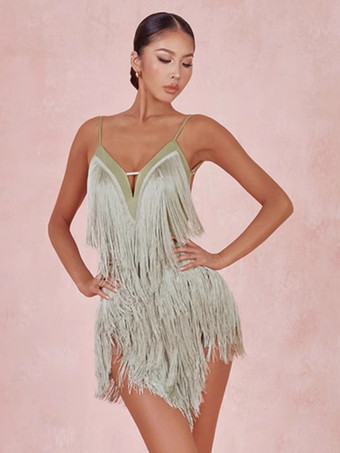 ラテンダンスコスチューム アボカドグリーン レディース フリンジドレス セクシー ポリエステルドレス ダンスウェア