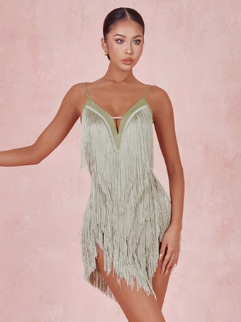 アボカドグリーンラテンダンスコスチューム アボカドグリーン レディース フリンジドレス セクシー ポリエステルドレス ダンスウェア