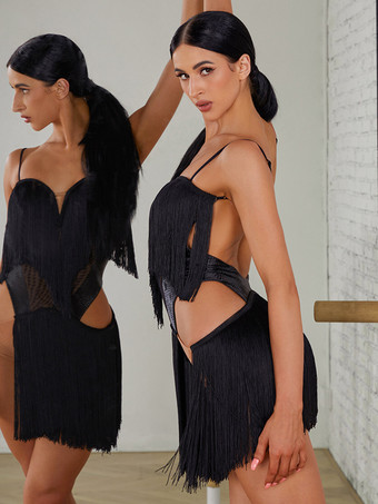 ラテンダンスコスチューム ブラック レディース フリンジドレス セクシー ポリエステルドレス ダンスウェア