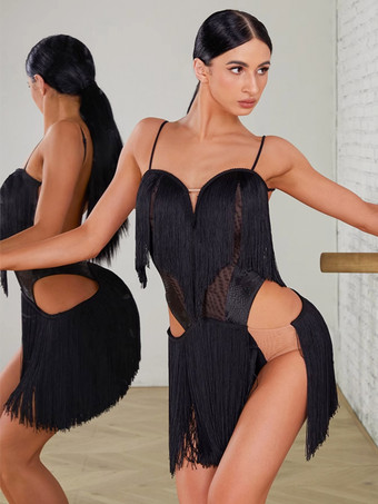 ラテンダンスコスチューム ブラック レディース フリンジドレス セクシー ポリエステルドレス ダンスウェア
