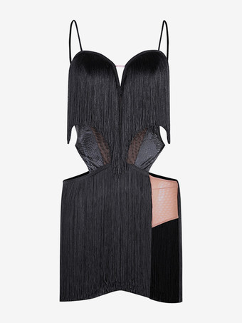 ブラック ラテンダンスコスチューム ブラック レディース フリンジドレス セクシー ポリエステルドレス ダンスウェア