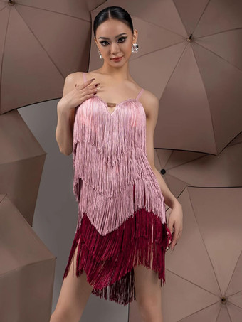 ピンクラテンダンスドレス ピンク レディース ポリエステルドレス セクシーなラテンダンサー ダンスウェア