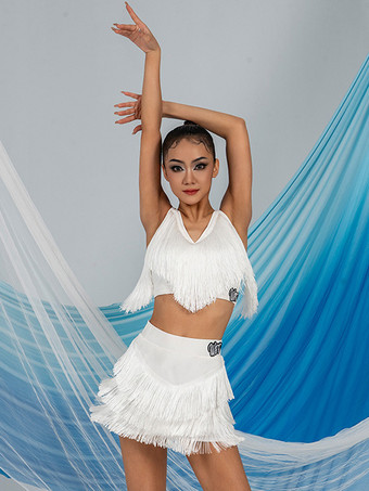 ラテンダンスドレス ホワイト レディース ドレス セクシー ポリエステル トップ スカート ダンスウェア