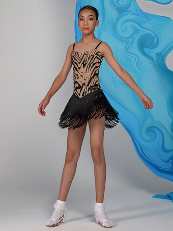 ヒョウ柄ラテンダンスコスチューム ブラックガールズドレス セクシーなポリエステルドレス ダンスウェア