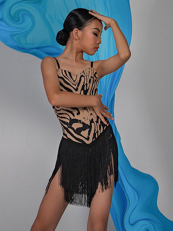 ラテンダンスコスチューム ブラックガールズドレス セクシーなポリエステルドレス ダンスウェア