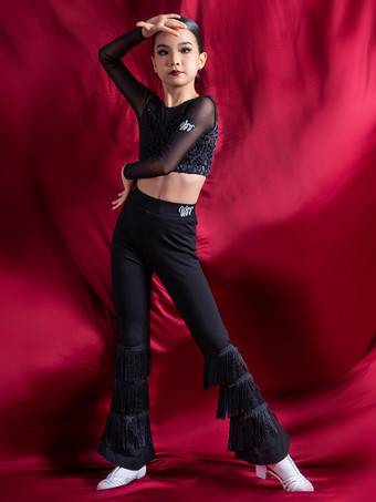 ラテンダンスコスチューム ブラック 女の子用 ポリエステルパンツ トップ ラテンダンサー ダンスウェア