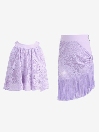 ラテンダンスドレス パープル 女の子用セット ポリエステル トップスカート ダンスウェア