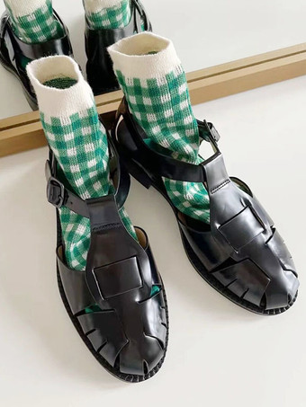 レディース フラットサンダル カジュアル バックル ラウンドトゥ PUレザーサンダル