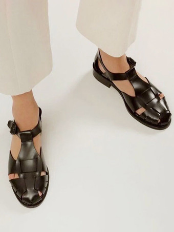 レディース フラットサンダル カジュアル バックル ラウンドトゥ PUレザーサンダル