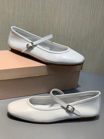 レディース バックル ラウンドトゥ PUレザー バレエフラット