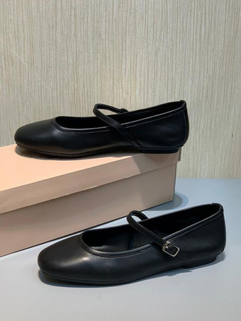 レディース バックル ラウンドトゥ PUレザー バレエフラット