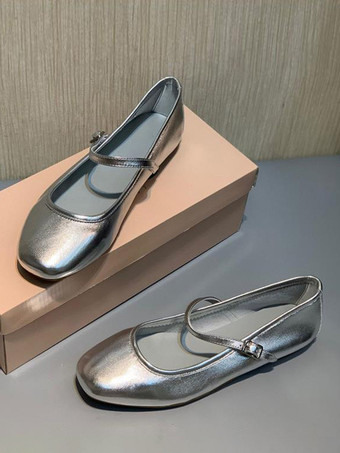 レディース バックル ラウンドトゥ PUレザー バレエフラット