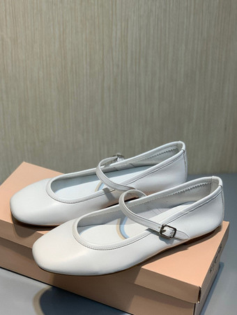 ホワイト レディース バックル ラウンドトゥ PUレザー バレエフラット