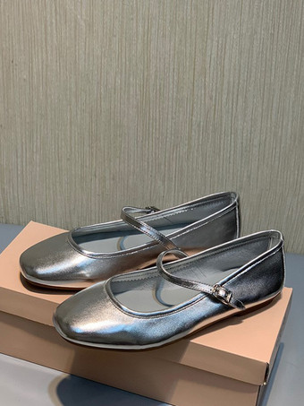 シルバー レディース バックル ラウンドトゥ PUレザー バレエフラット