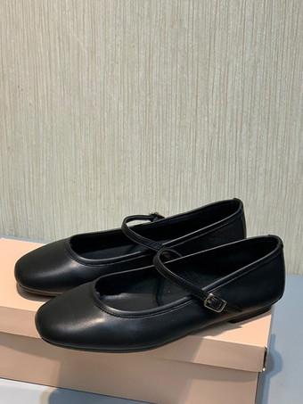 ブラック レディース バックル ラウンドトゥ PUレザー バレエフラット