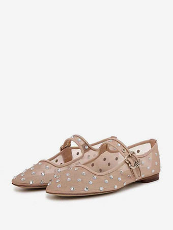 レディース バックル ラウンドトゥ ポリエステル バレエフラット