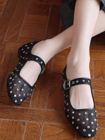 レディース バックル ラウンドトゥ ポリエステル バレエフラット