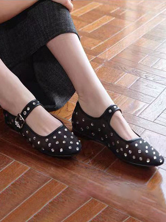 レディース バックル ラウンドトゥ ポリエステル バレエフラット